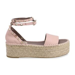 Valentino Pink Leather Rockstud Espadrille Platform Ankle Strap Sandals NWOT